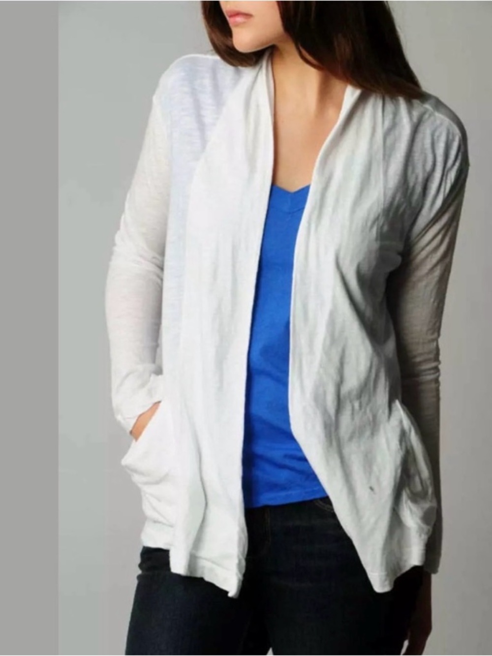 JAMES PERSE! Women’s White long sleeve Cotton, Lightweight Open Drape Cardigan.